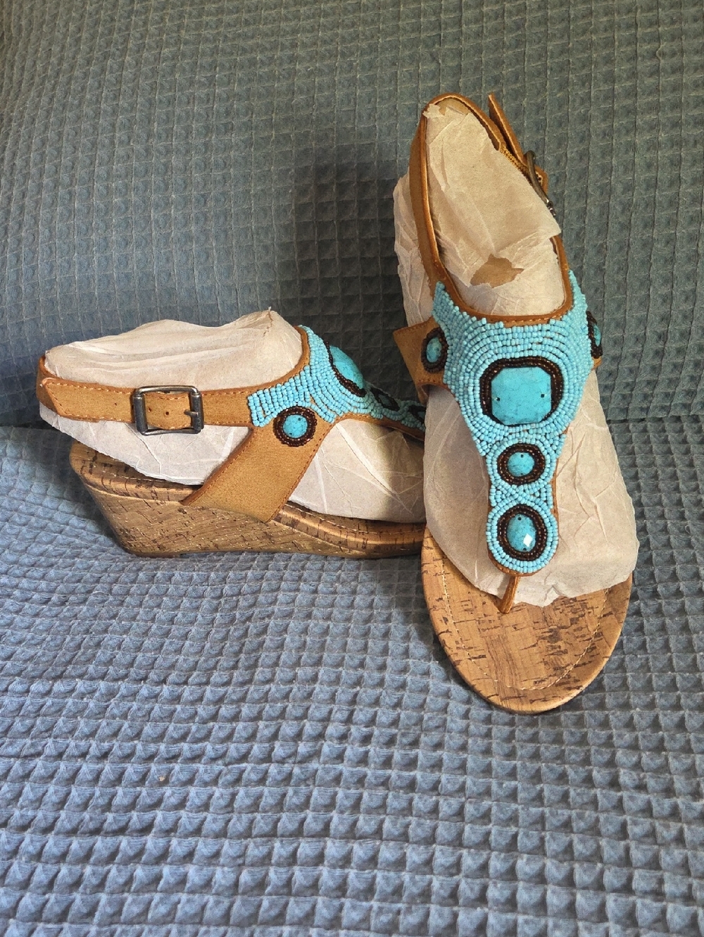 Simply Vera Turquoise Beaded Wedge Sandals with Tan Straps